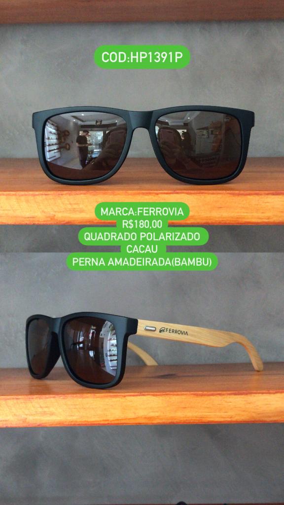 Óculos de Sol Ferrovia Masculino Cacau com Perna Amadeiradas em Bambu Quadrado Acetato Lente Marrom Polarizado HP1391P