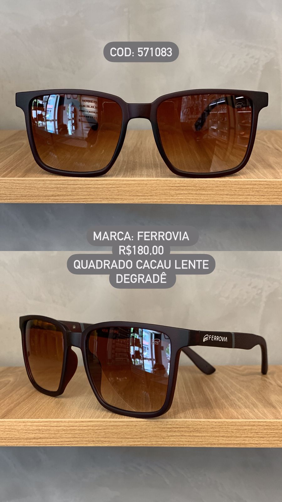 Óculos de Sol Ferrovia Masculino Cacau Fosco Quadrado com Lente Degrade em Acetato 571083