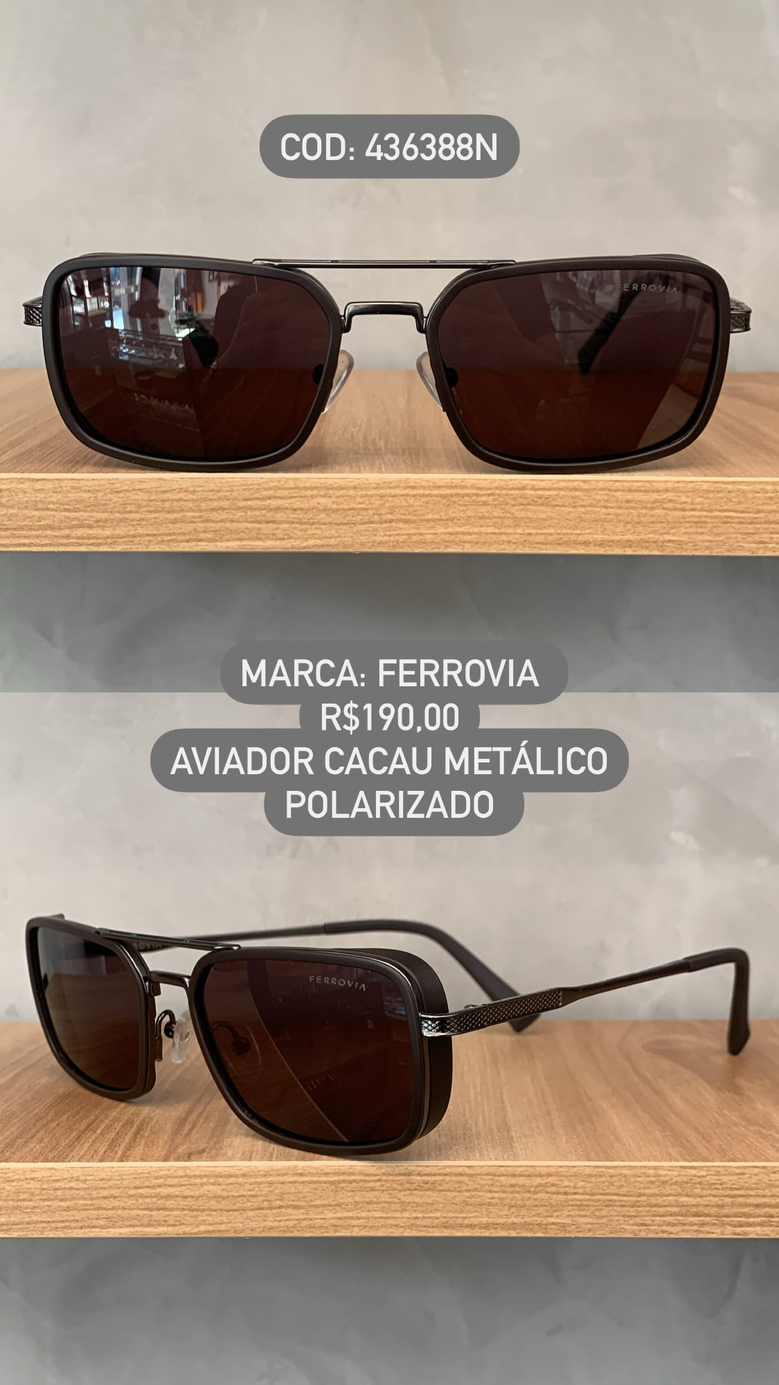 Óculos de Sol Ferrovia Masculino Cacau Fosco Quadrado com Ponte Alta e Lente Cacau Metal Polarizado 436388N
