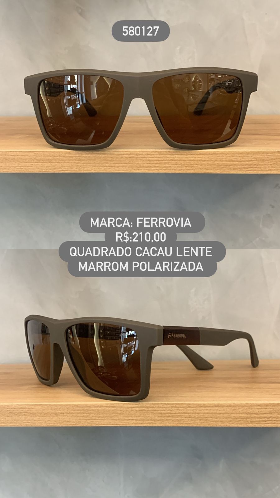 Óculos de Sol Ferrovia Masculino Cacau Quadrado Lente Marrom Polarizada em Acetato 580127