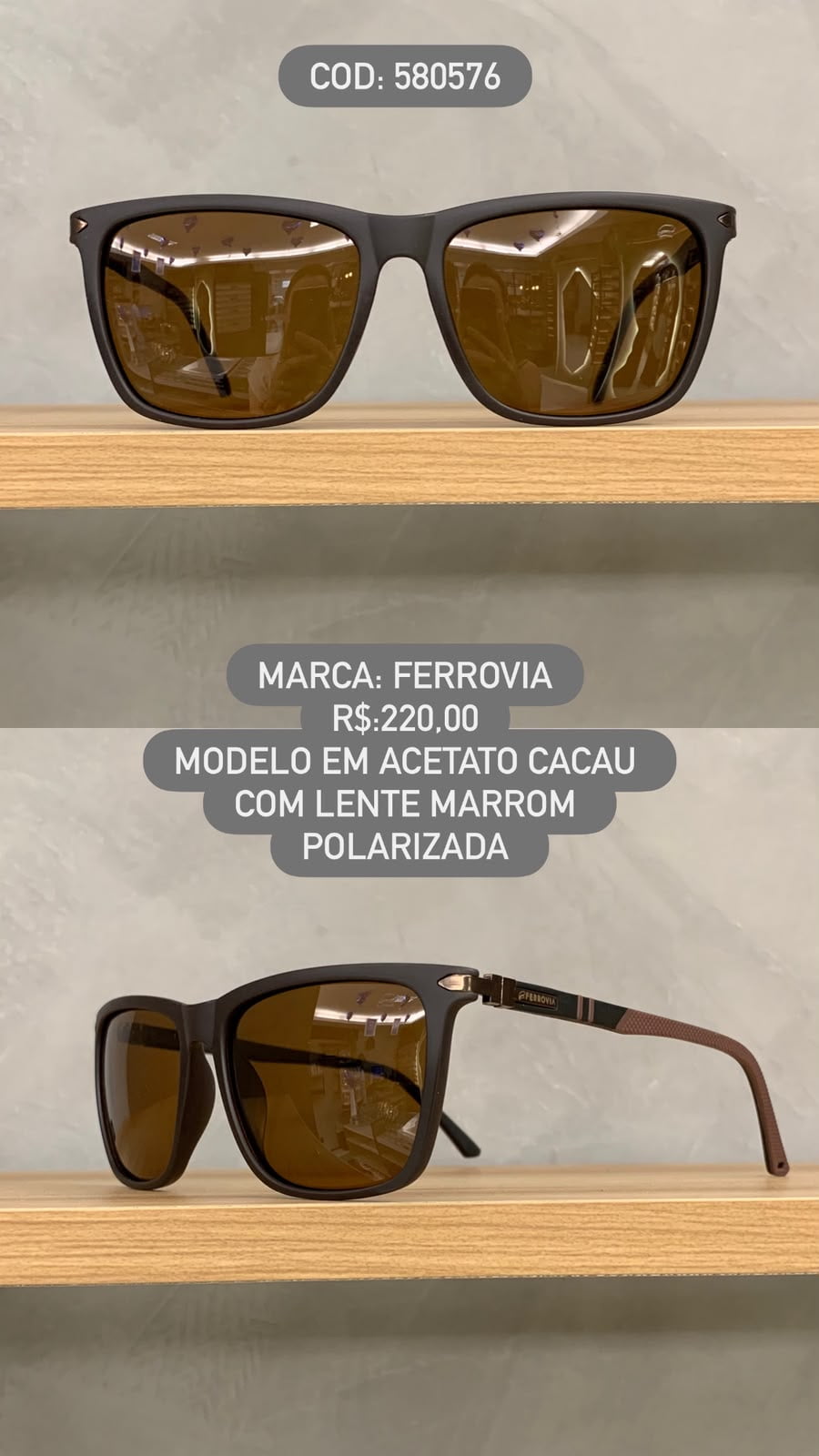 Óculos de Sol Ferrovia Masculino Cacau Quadrado Polarizado Acetato 580576
