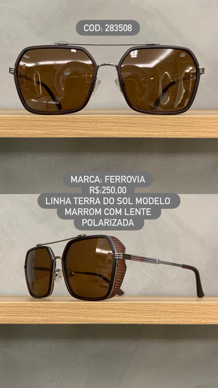 Óculos de Sol Ferrovia Masculino Cacau Quadrado Ponte Alta Lente Marrom Polarizada em Metal 283508