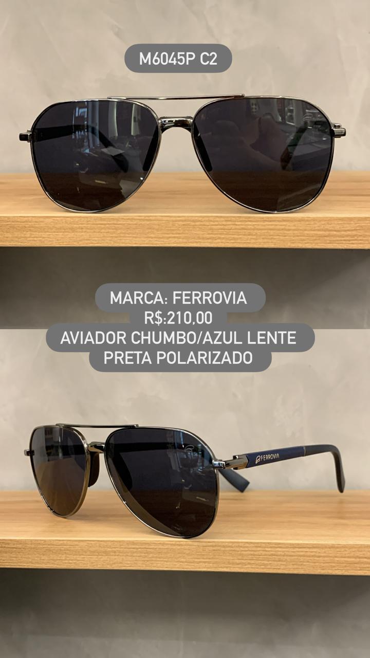 Óculos de Sol Ferrovia Masculino Chumbo e Azul Aviador com Lente Preta Polarizado em Metal M6045P C2