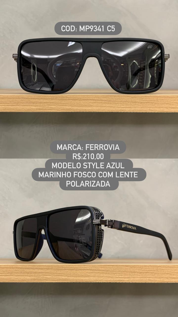 Óculos de Sol Ferrovia Masculino Chumbo e Azul Marinho Quadrado com Lente Preta Polarizada MP9341 C5