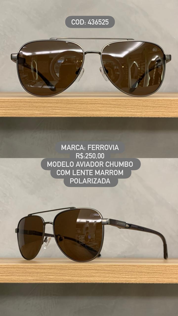 Óculos de Sol Ferrovia Masculino Chumbo Fosco Aviador com Lente Marrom Polarizado em Metal 436525
