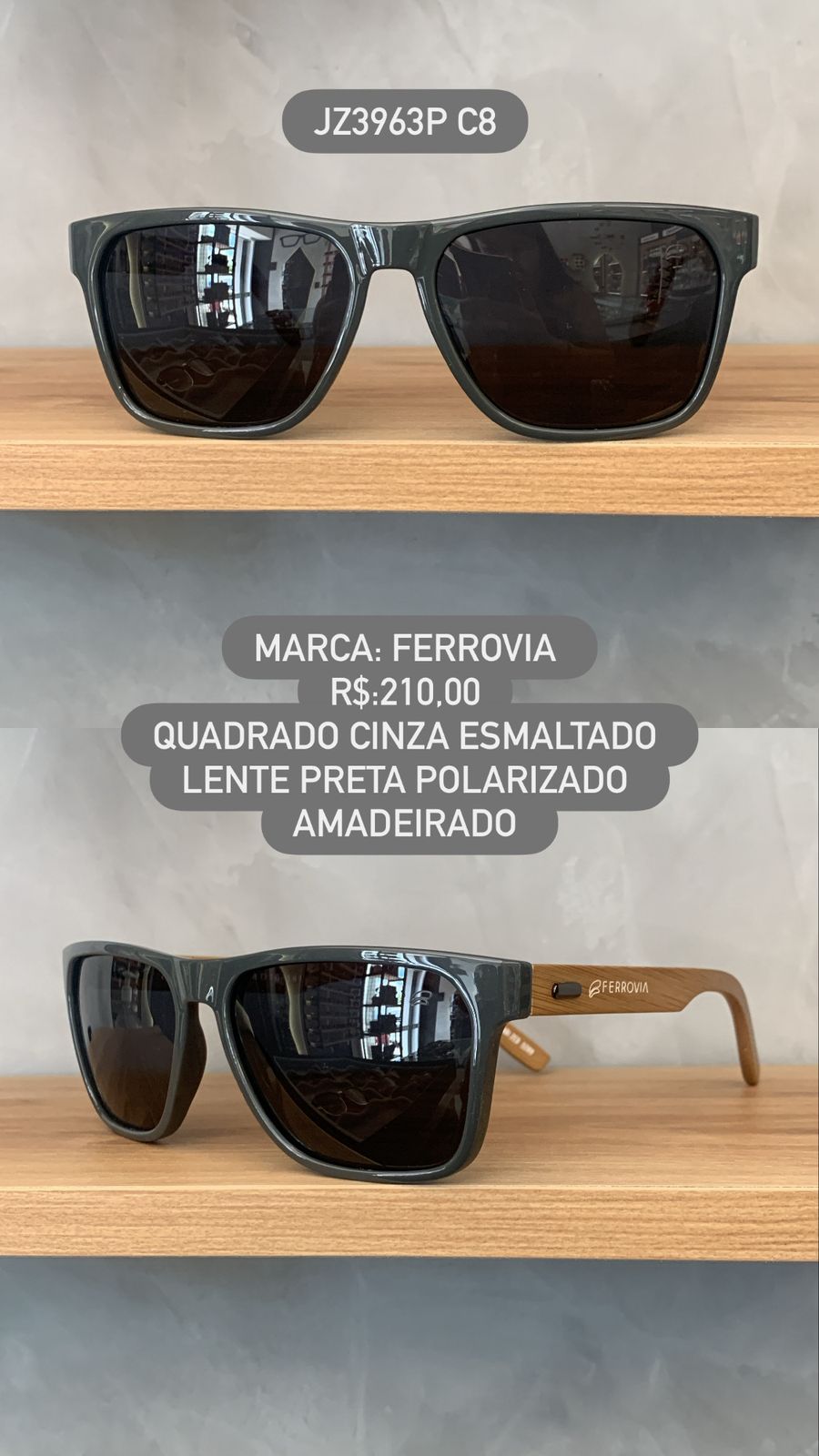 Óculos de Sol Ferrovia Masculino Cinza Esmaltado Quadrado Lente Preta Polarizada Pernas Amadeiradas JZ3963P C8