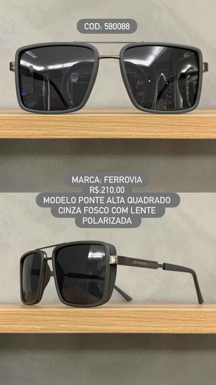 Óculos de Sol Ferrovia Masculino Cinza Fosco Aviador Quadrado Ponte Alta com Lente Polarizada 580088