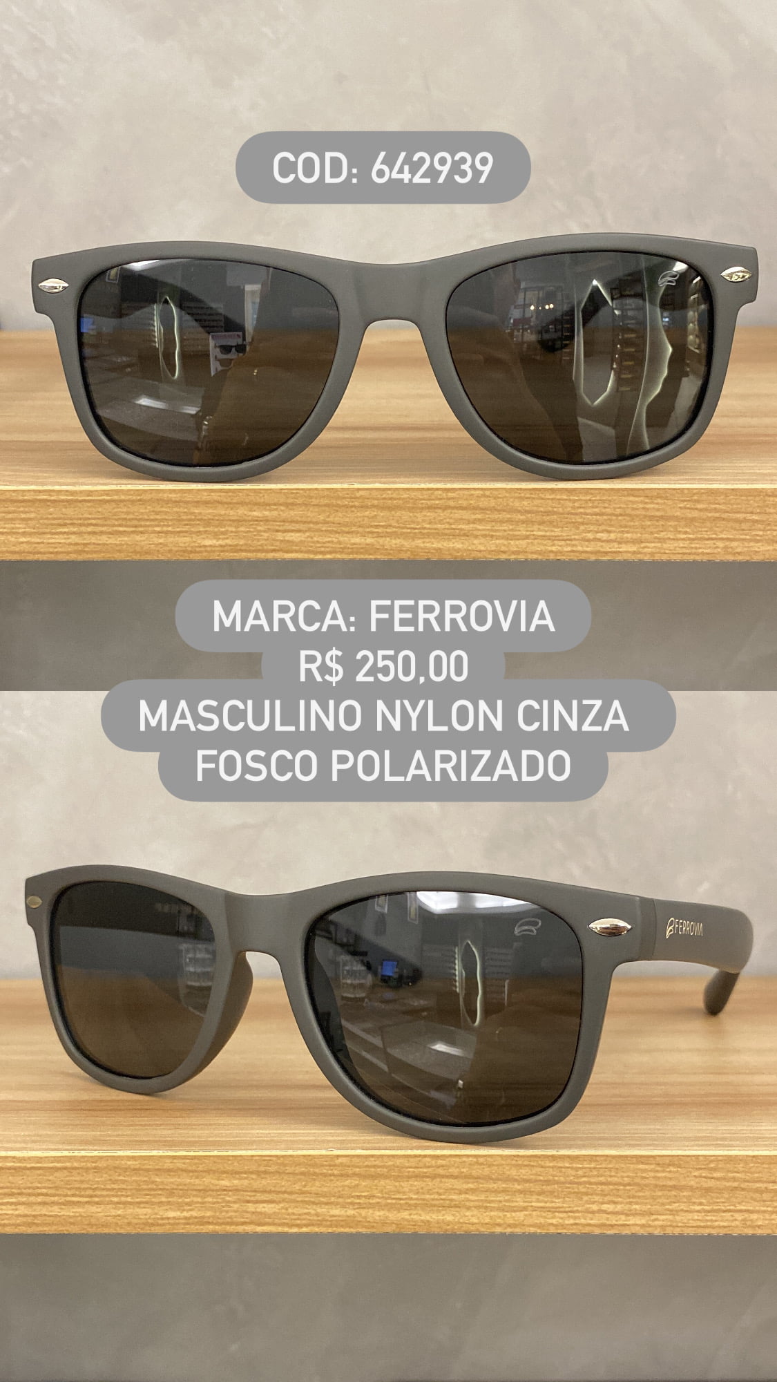 Óculos de Sol Ferrovia Masculino Cinza Fosco com Lente Preta Polarizada 100% Nylon em Acetato 642939