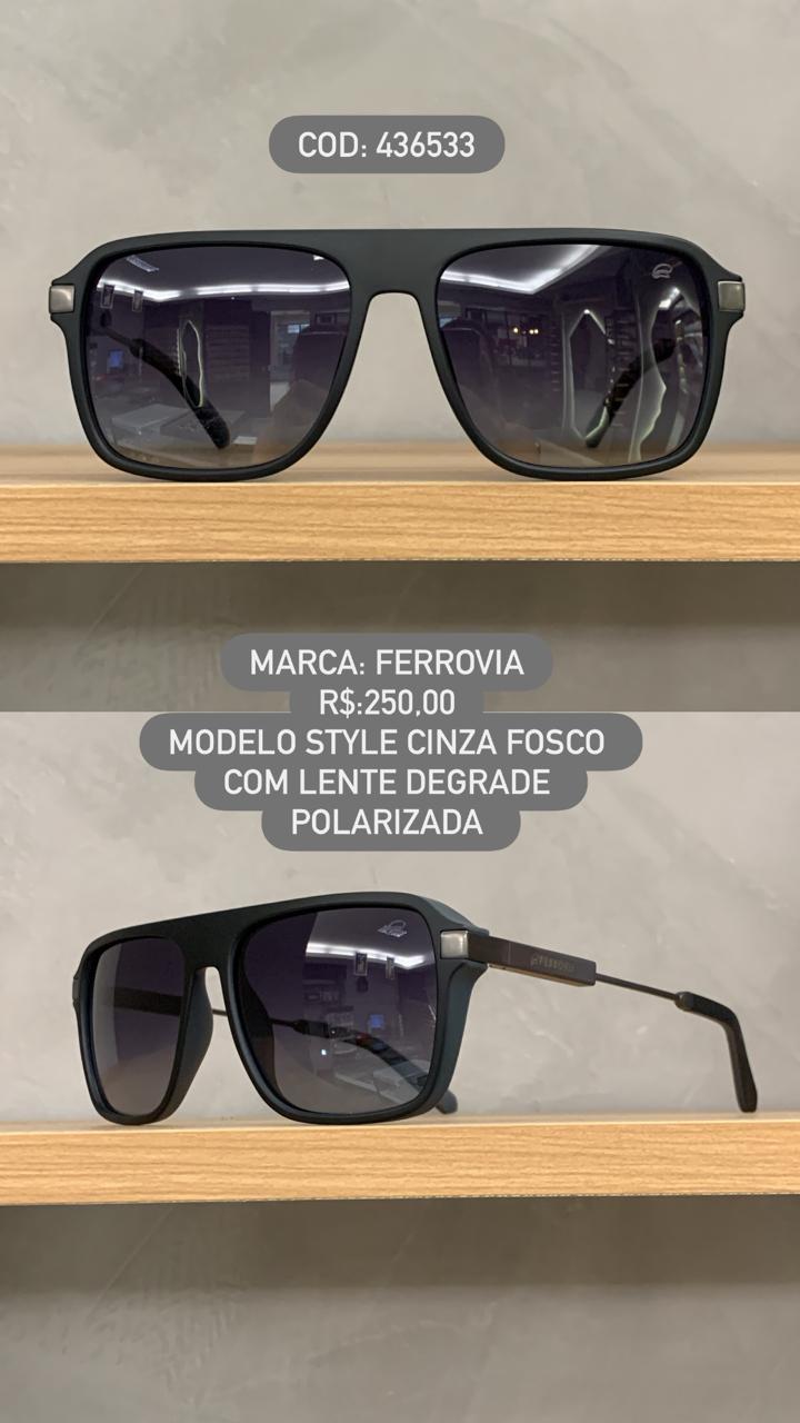 Óculos de Sol Ferrovia Masculino Cinza Fosco Quadrado Lente Preta Polarizada em Acetato e Metal 436533