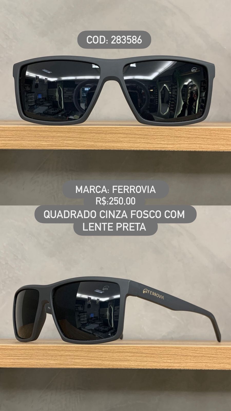 Óculos de Sol Ferrovia Masculino Cinza fosco Quadrado Lente Preta Polarizado em Acetato 283586