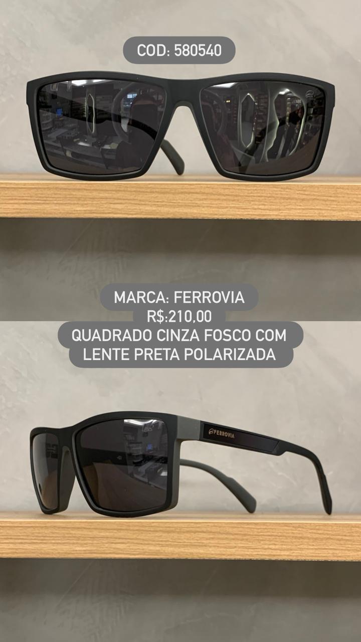 Óculos de Sol Ferrovia Masculino Cinza fosco Quadrado Lente Preta Polarizado em Acetato 580540