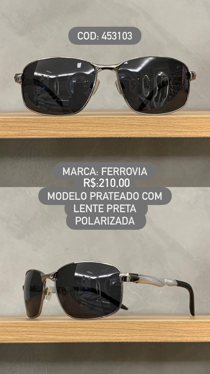 Óculos de Sol Ferrovia Masculino Prata Esmaltado Lupa Lente Preta Metal Polarizado 453103