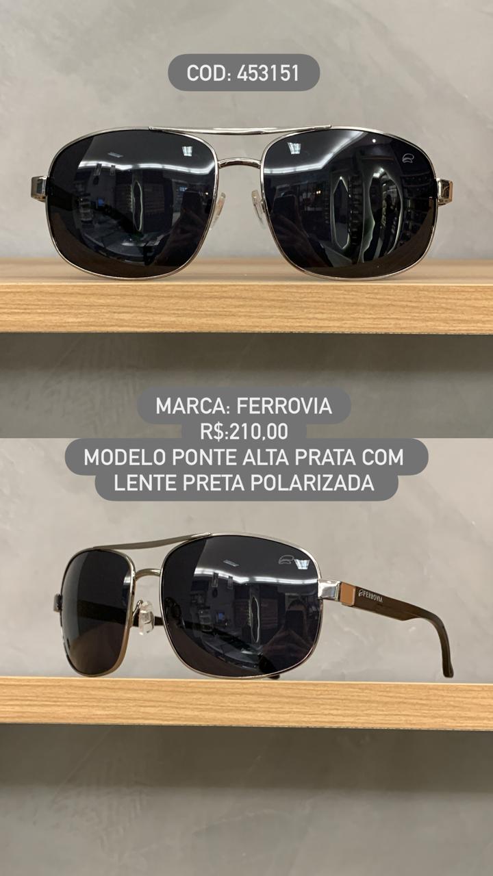 Óculos de Sol Ferrovia Masculino Prata Quadrado Ponte Alta com Lente Preta Polarizada em Metal 453151