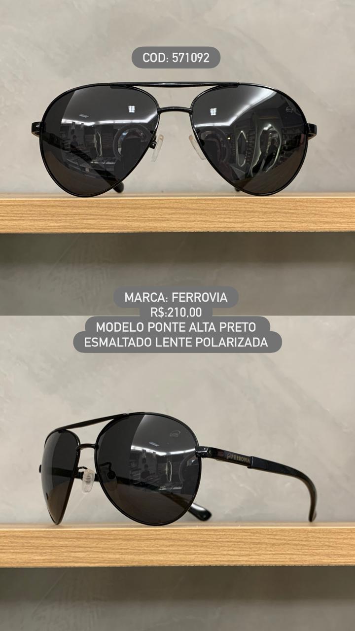 Óculos de Sol Ferrovia Masculino Preto Aviador com Lente Preta e Ponte Alta Polarizado em Metal 571092