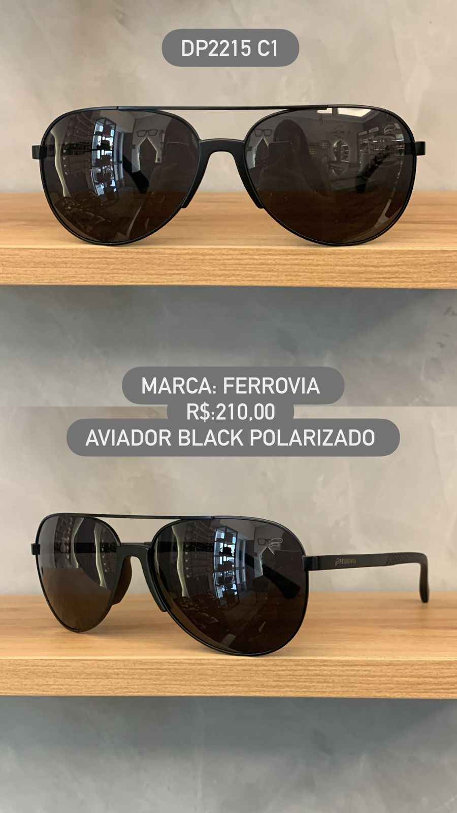 Óculos de Sol Ferrovia Masculino Preto Aviador Ponte Alta Lente Preta Polarizada em Metal DP2215 C1