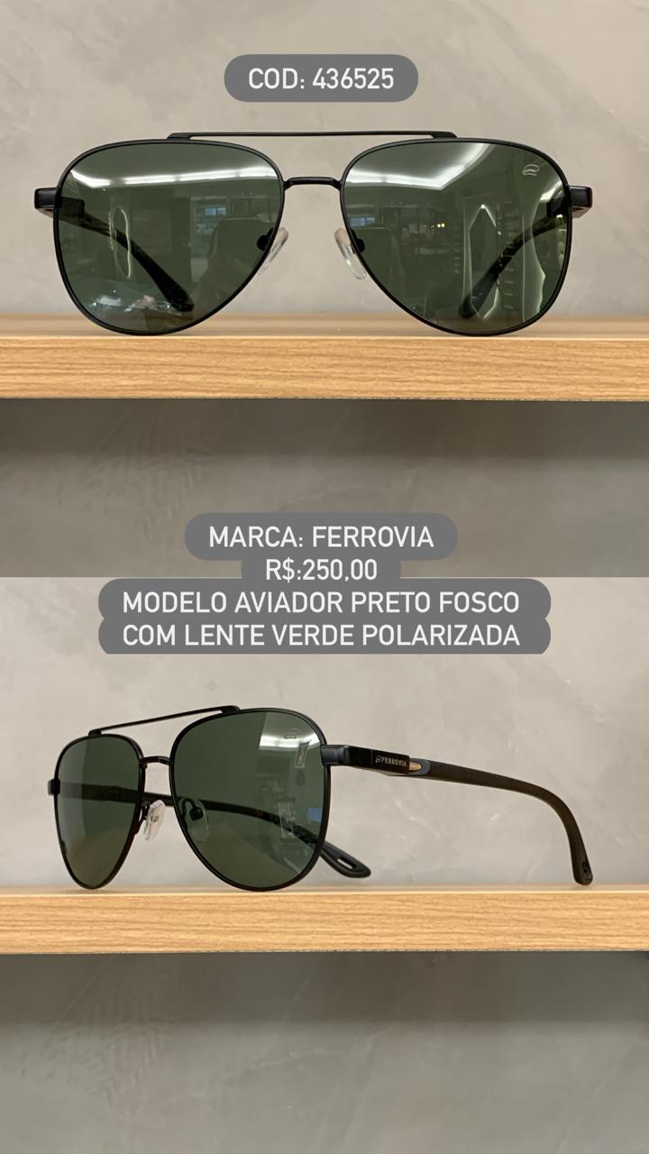 Óculos de Sol Ferrovia Masculino Preto Aviador com Lente Verde Polarizado em Metal 436525
