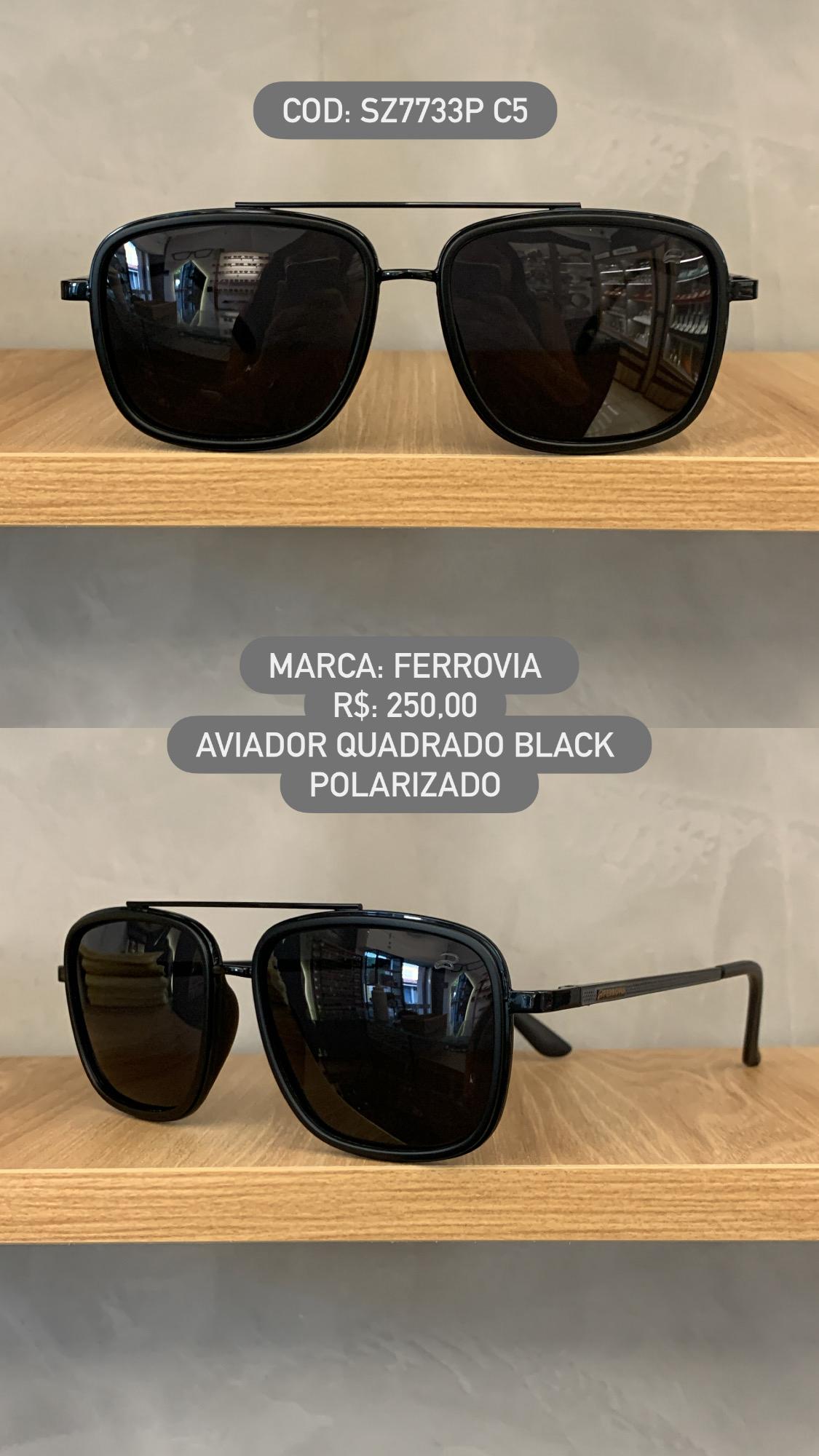 Óculos de Sol Ferrovia Masculino Preto Aviador Quadrado Ponte Alta com Lente Polarizada SZ7733P C5