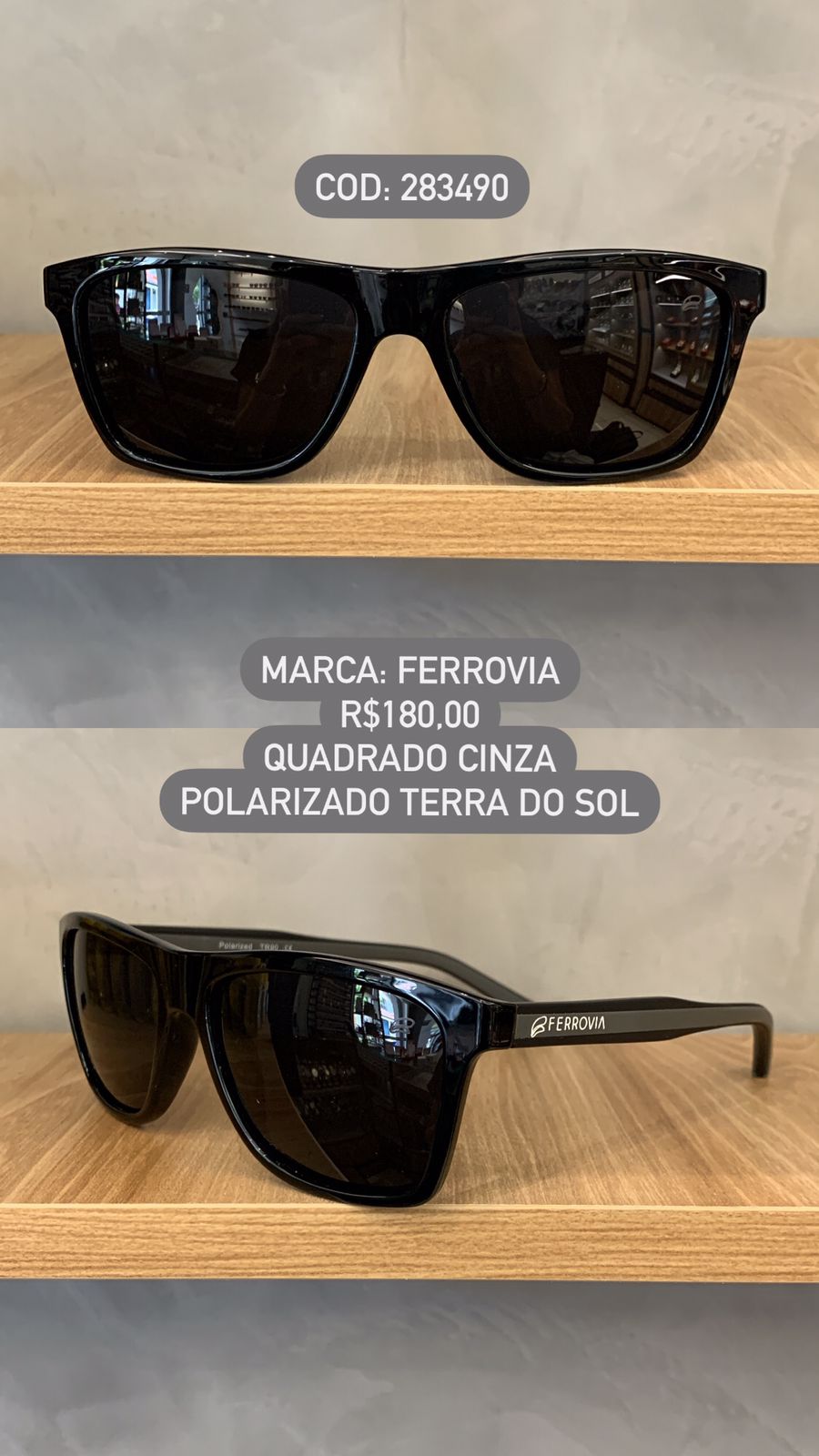 Óculos de Sol Ferrovia Masculino Preto com Cinza Quadrado Lente Preta Polarizado em Acetato 283490