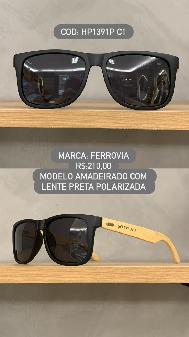 Óculos de Sol Ferrovia Masculino Preto com Perna Amadeirada em Bambu Quadrado Lente Preta Acetato Polarizado HP1391P C1