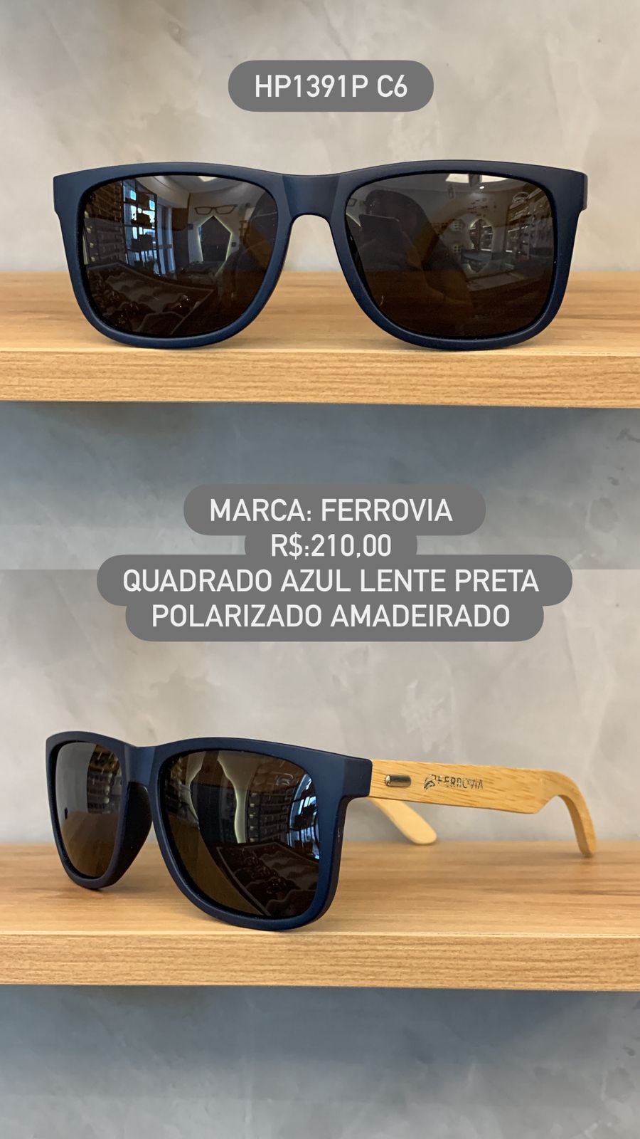 Óculos de Sol Ferrovia Masculino Azul Quadrado Lente Preta Polarizado Perna Amadeirada Acetato HP1391P C6