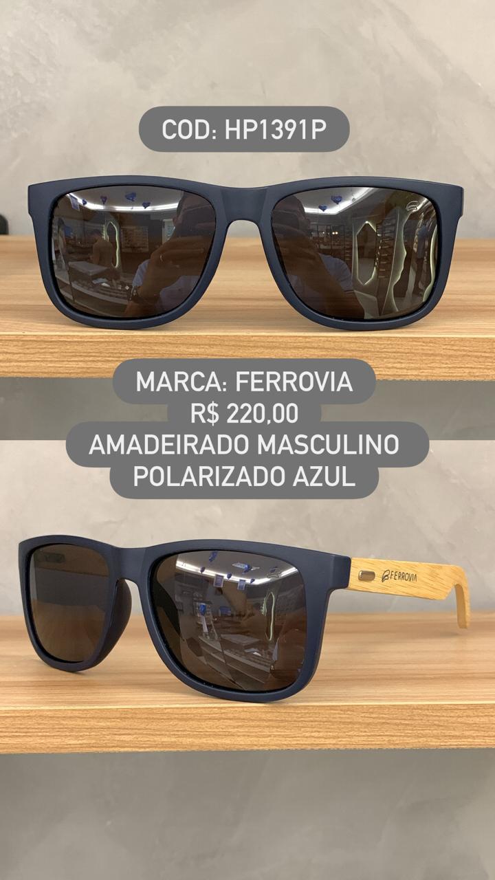 Óculos de Sol Ferrovia Masculino Azul Quadrado Lente Preta Polarizado Perna Amadeirada Acetato HP1391P C6