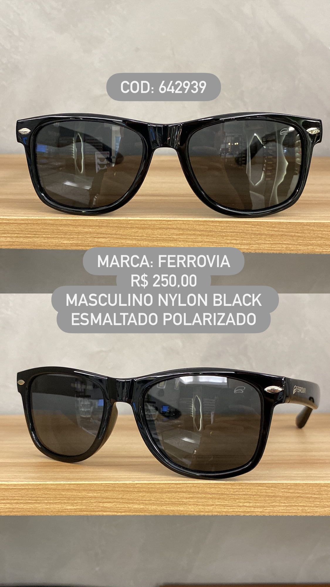 Óculos de Sol Ferrovia Masculino Preto Esmaltado com Lente Preta Polarizada 100% Nylon em Acetato 642939