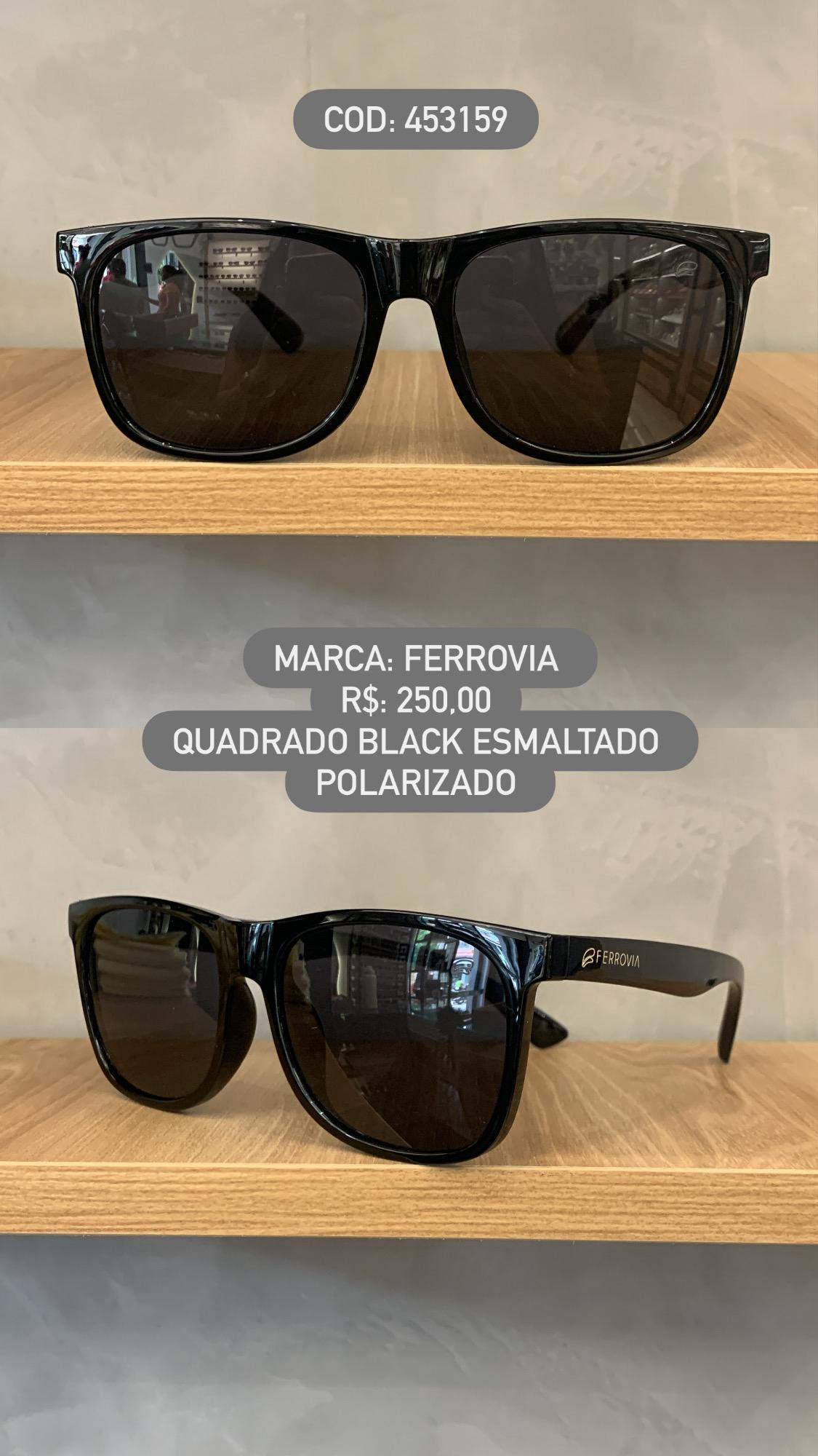 Óculos de Sol Ferrovia Masculino Preto Esmaltado Flexível Quadrado Lente Preta Polarizado em Acetato 453159