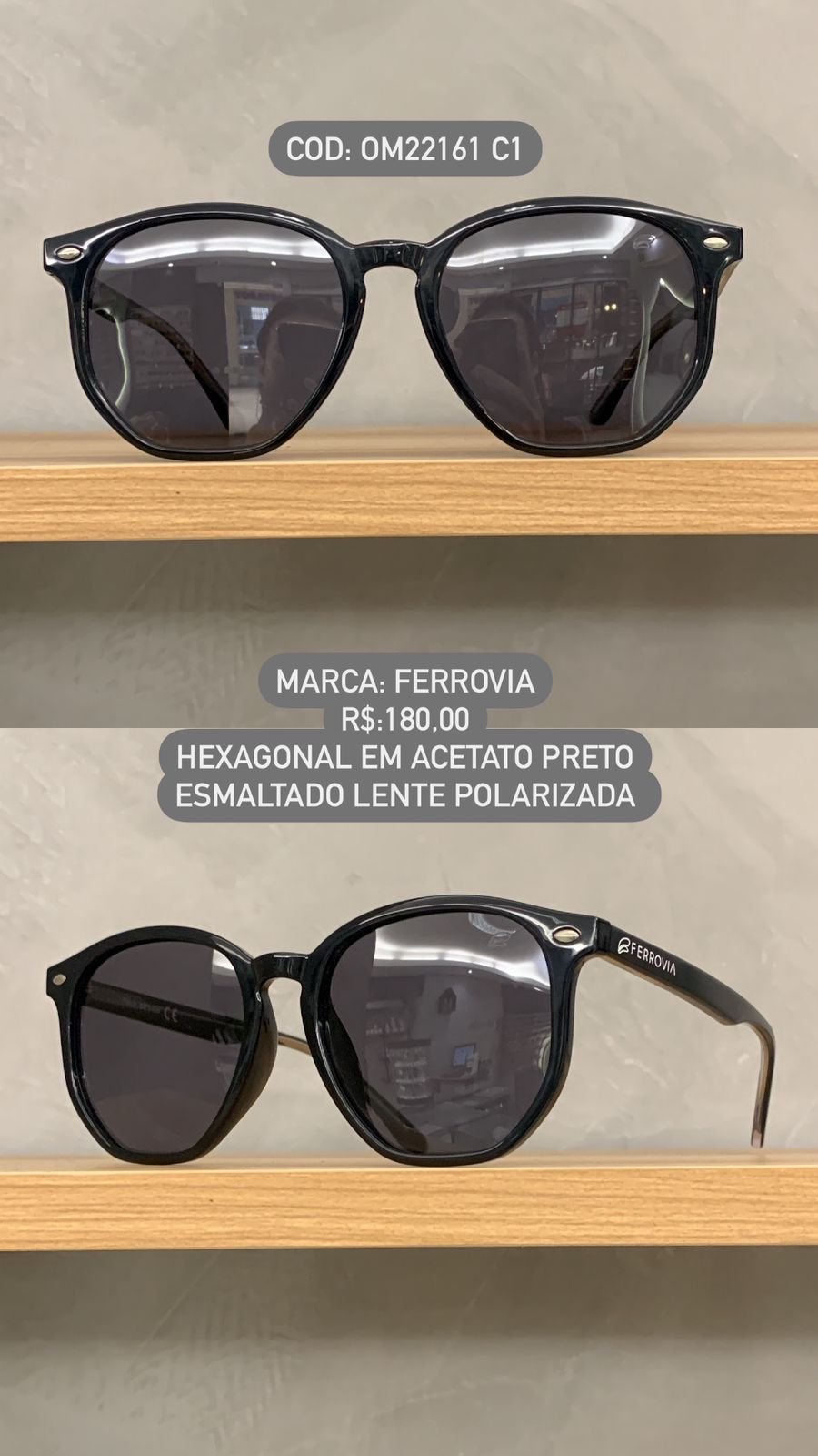 Óculos de Sol Ferrovia Masculino Preto Esmaltado Hexagonal Acetato Terra do Sol OM22161 C1