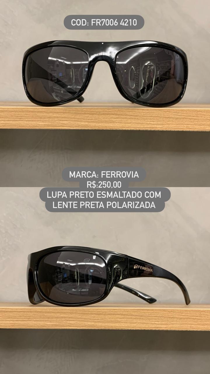 Óculos de Sol Ferrovia Masculino Preto Esmaltado Lupa Esportivo Flexível Lente Preta Polarizado em Acetato FR7006 4210