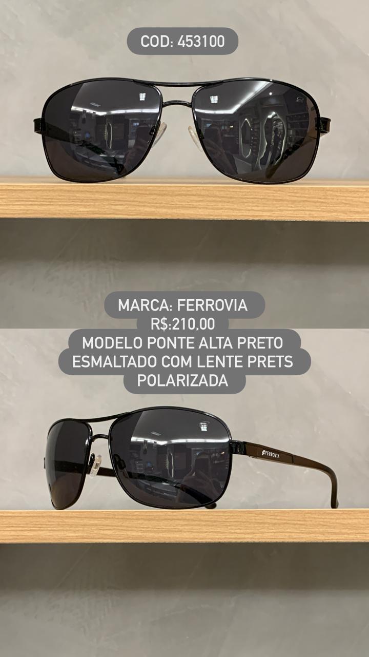 Óculos de Sol Ferrovia Masculino Preto Esmaltado Ponte Alta com Lente Preta Polarizada em Metal 453100