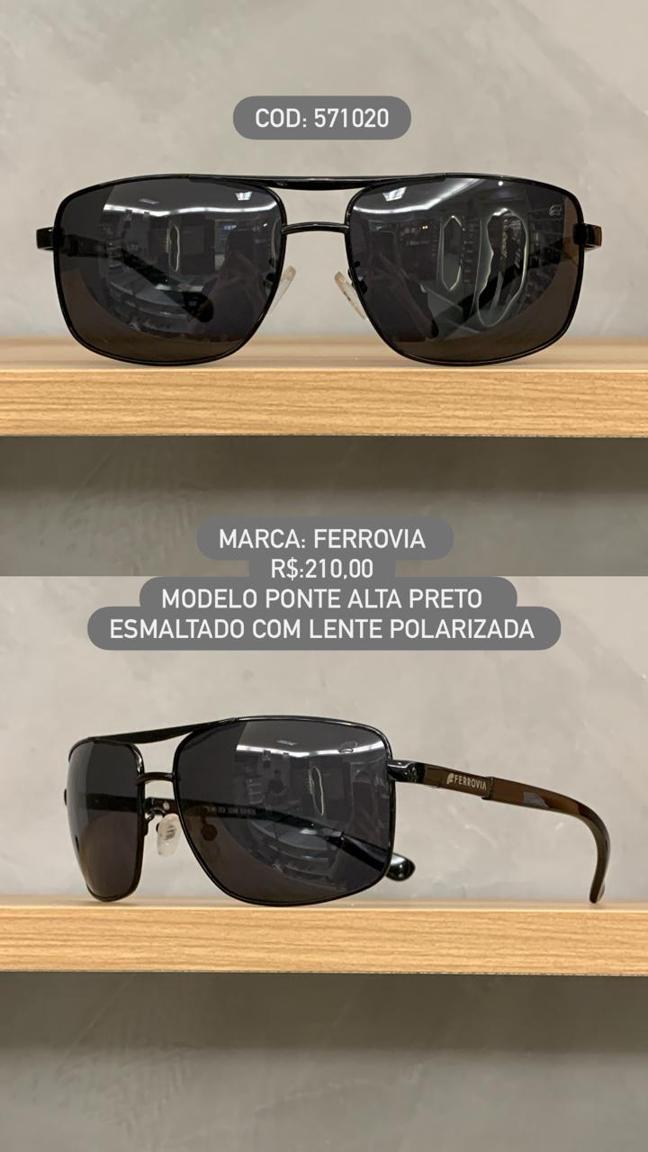 Óculos de Sol Ferrovia Masculino Preto Esmaltado Quadrado com Ponte Alta Lente Preta Polarizada Metal 571020