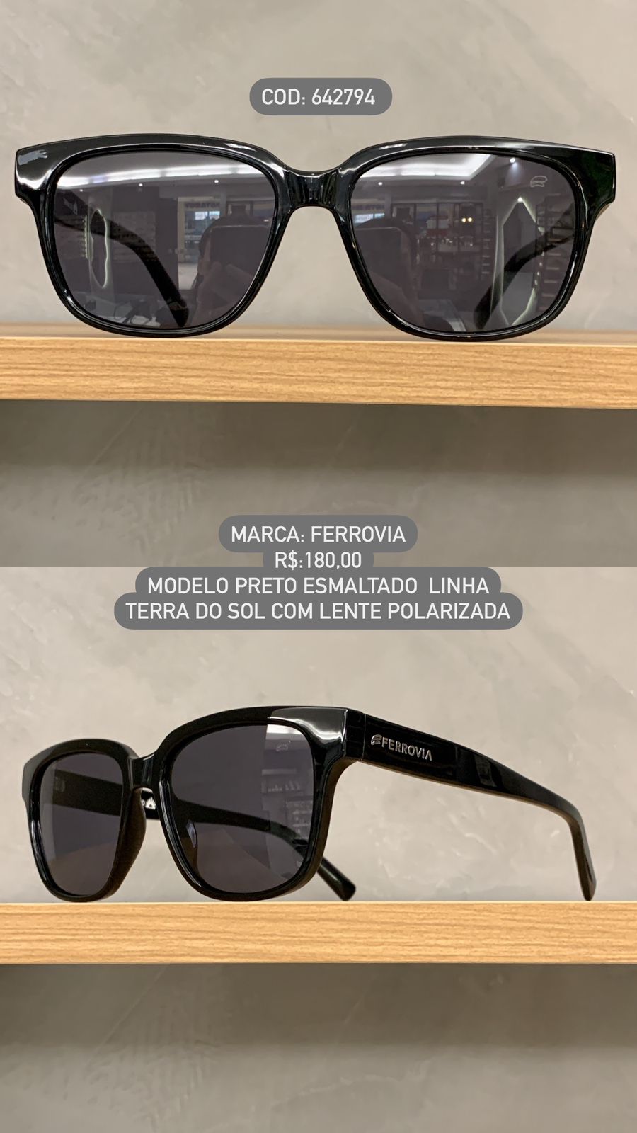 Óculos de Sol Ferrovia Masculino Preto Esmaltado Quadrado Lente Preta Acetato Polarizado Terra do Sol 642794