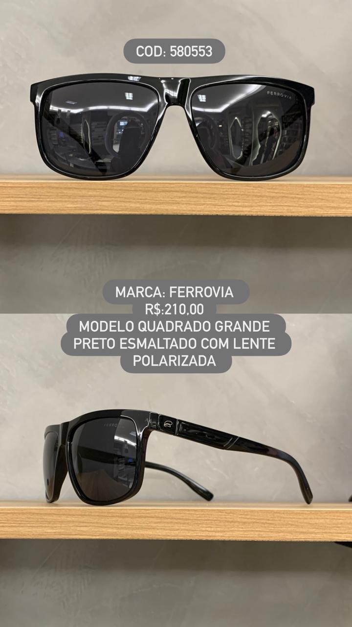 Óculos de Sol Ferrovia Masculino Preto Esmaltado Quadrado Lente Preta Polarizado em Acetato 580553