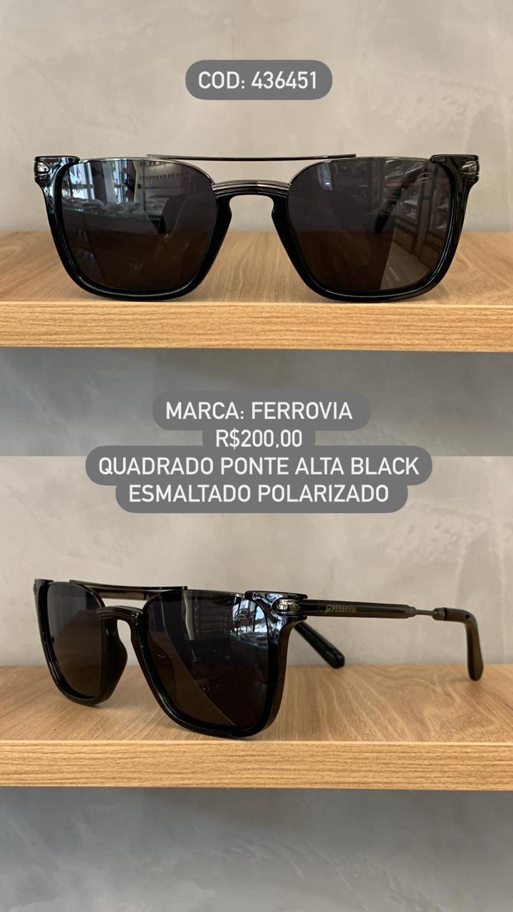 Óculos de Sol Ferrovia Masculino Preto Esmaltado com Lente Preta Polarizada Quadrado Ponte Alta em Metal 436451