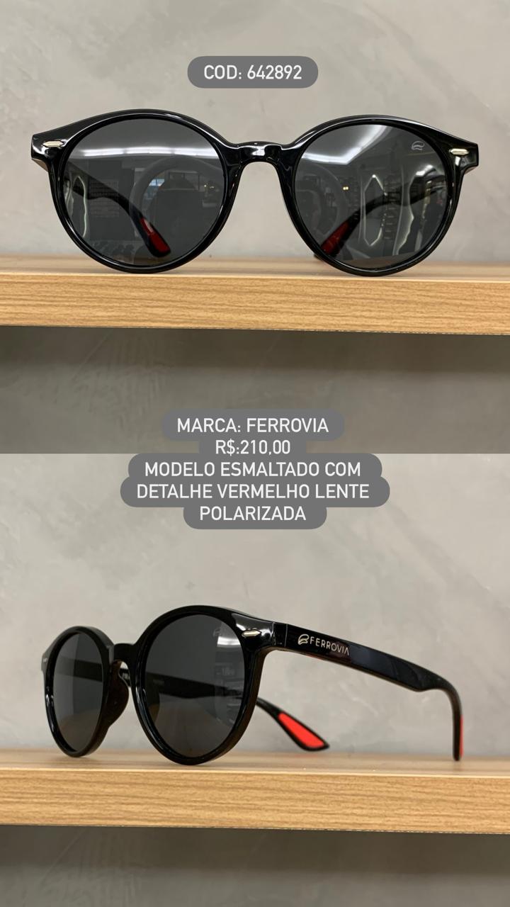 Óculos de Sol Ferrovia Masculino Preto Esmaltado Redondo lente preta Polarizada em Acetato 642892
