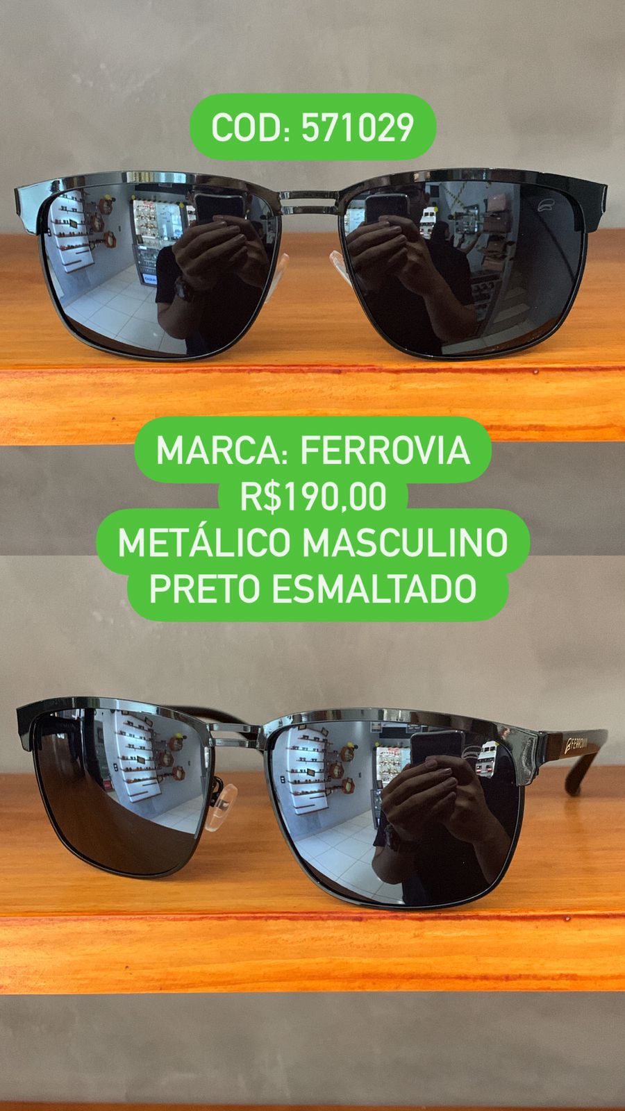 Óculos de Sol Ferrovia Masculino Preto Esmaltado Style Quadrado com Lente Preta Metal e Acetato 571029