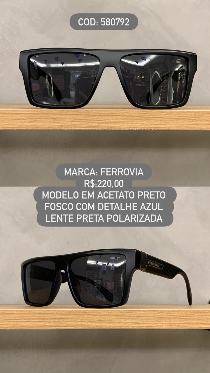 Óculos de Sol Ferrovia Masculino Preto Fosco com detalhe Azul Lentes Pretas Polarizadas em Acetato 580792