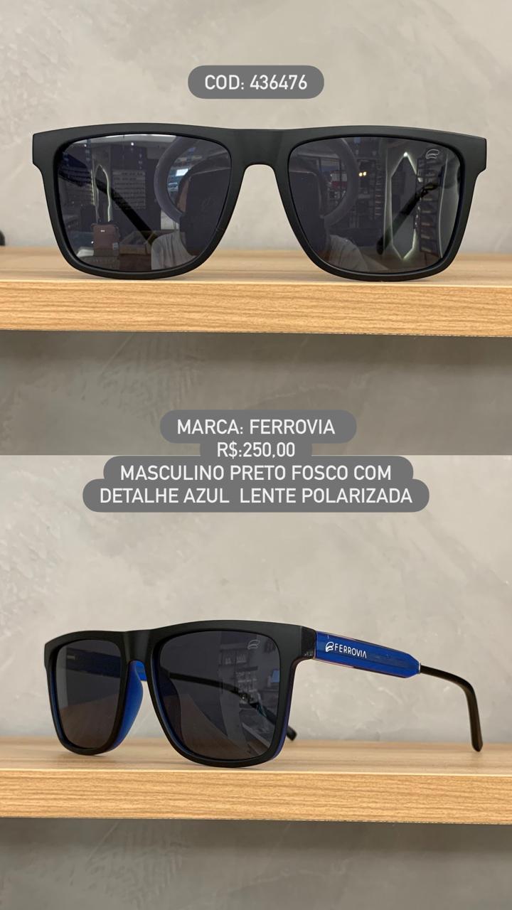 Óculos de Sol Ferrovia Masculino Preto Fosco com detalhe Azul Preta em Acetato Polarizado 436476