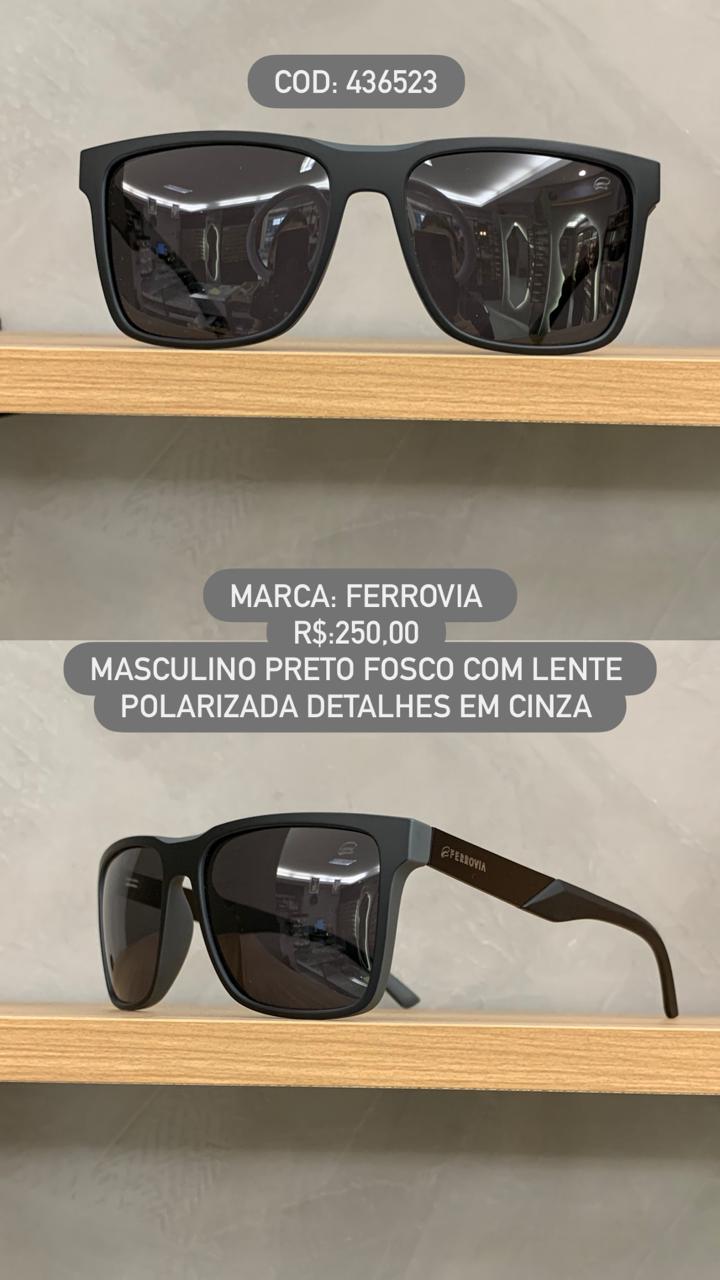 Óculos de Sol Ferrovia Masculino Preto Fosco com lente Polarizada detalhes Cinza em Acetato 436523