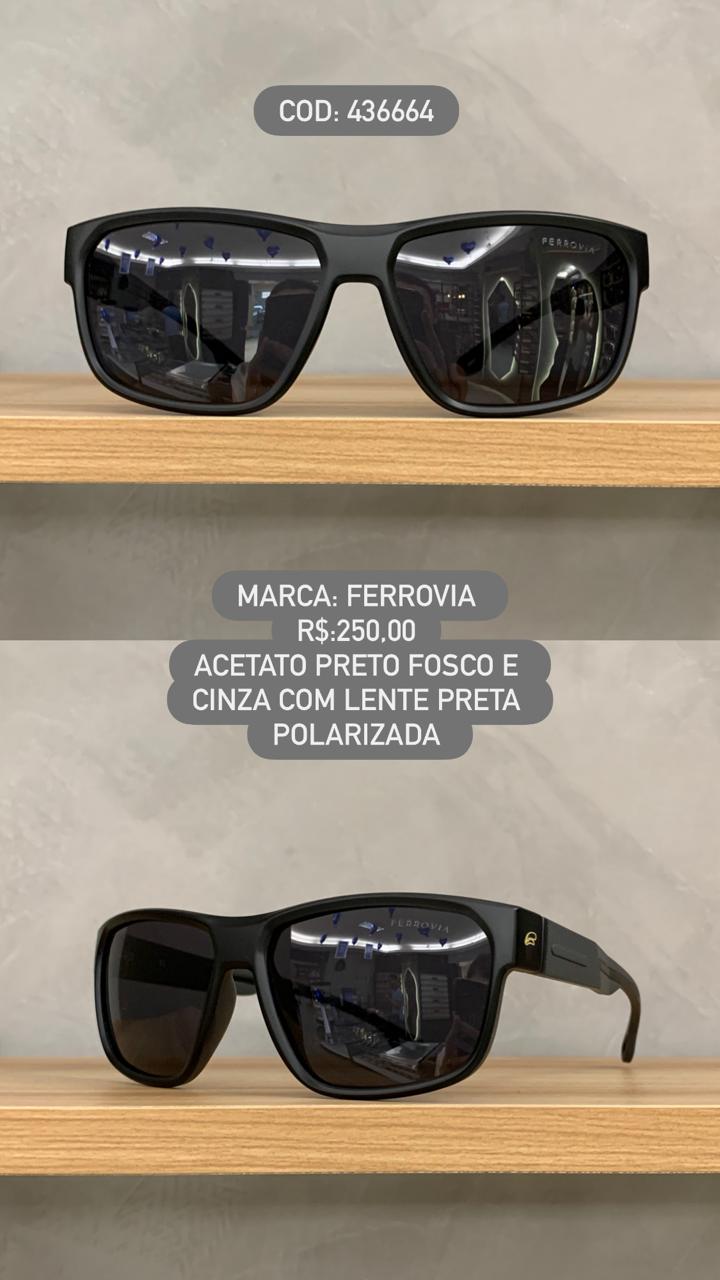 Óculos de Sol Ferrovia Masculino Preto Fosco com lente Polarizada detalhes Cinza em Acetato 436664
