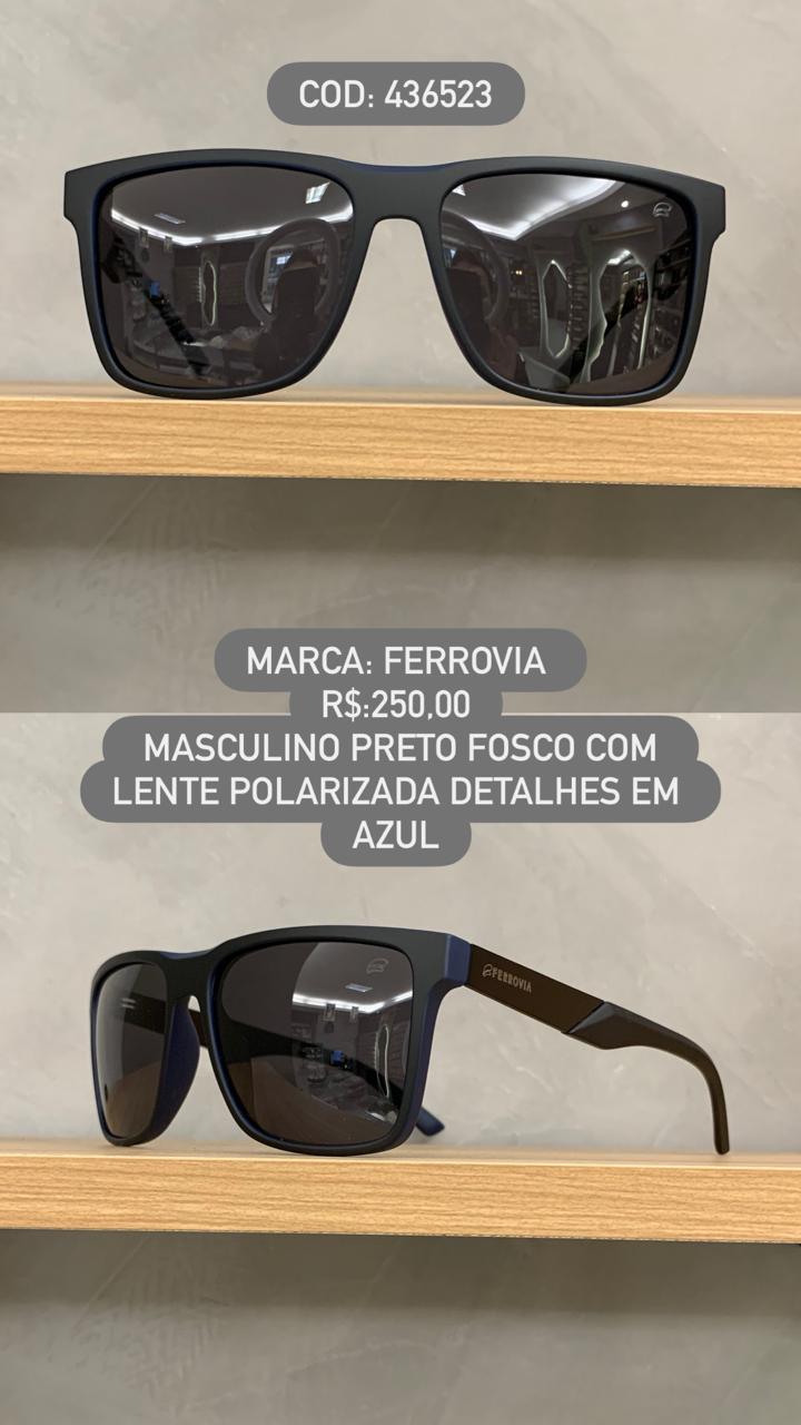 Óculos de Sol Ferrovia Masculino Preto Fosco com lente Polarizada detalhes em Azul em Acetato 436523