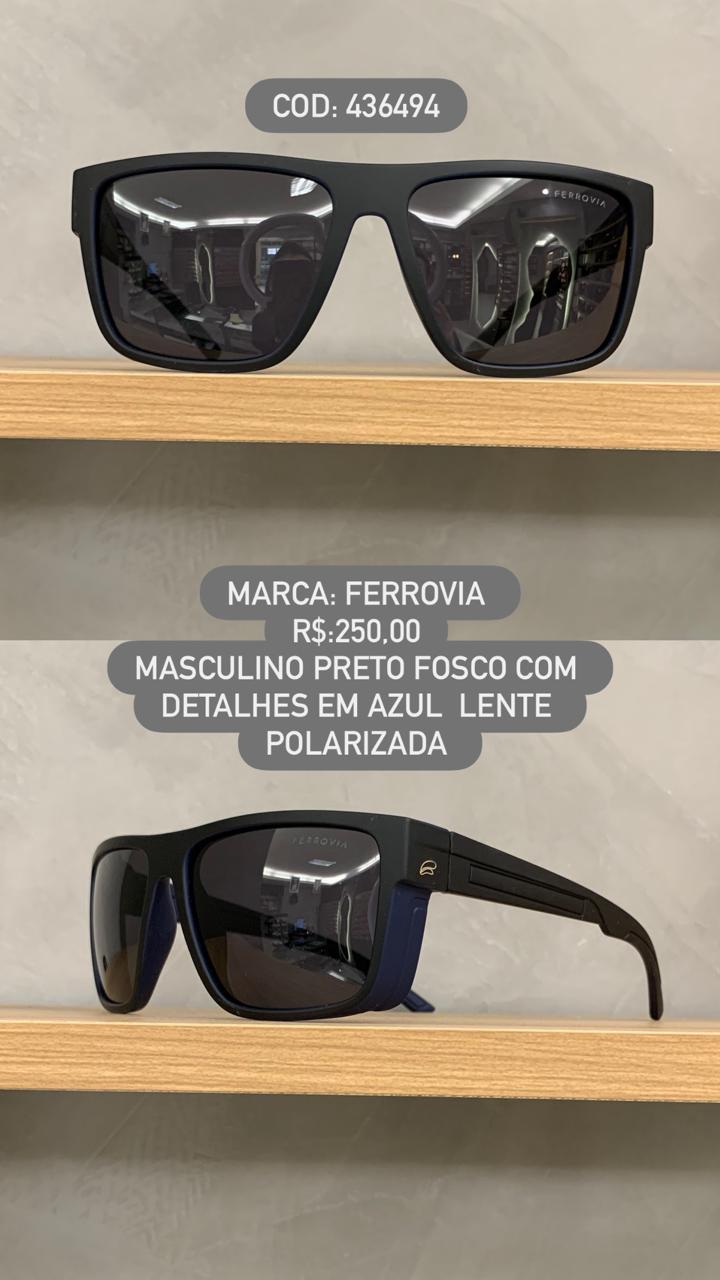Óculos de Sol Ferrovia Masculino Preto Fosco com Lente Preta Polarizada detalhes em Azul em Acetato 436494