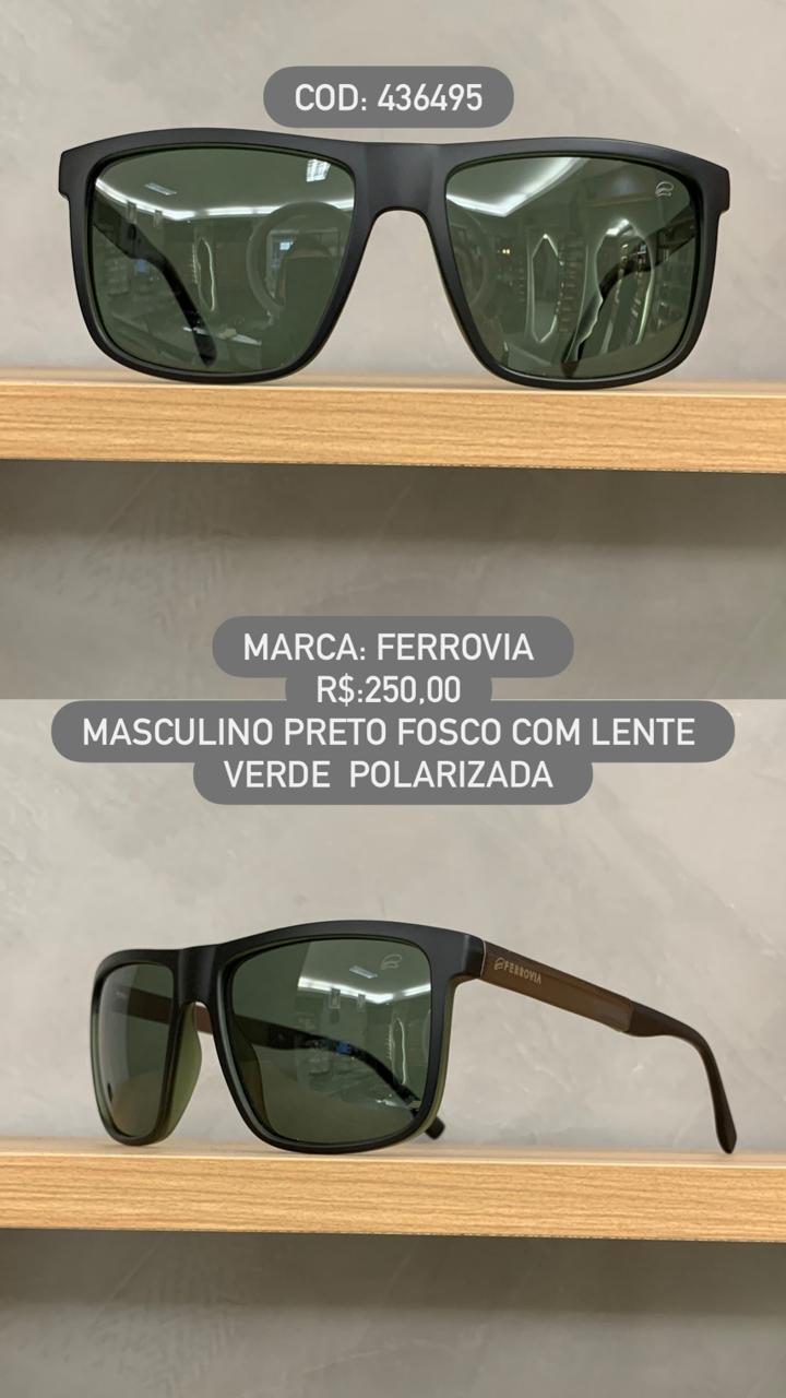 Óculos de Sol Ferrovia Masculino Preto Fosco com lente Verde Polarizada em Acetato 436495