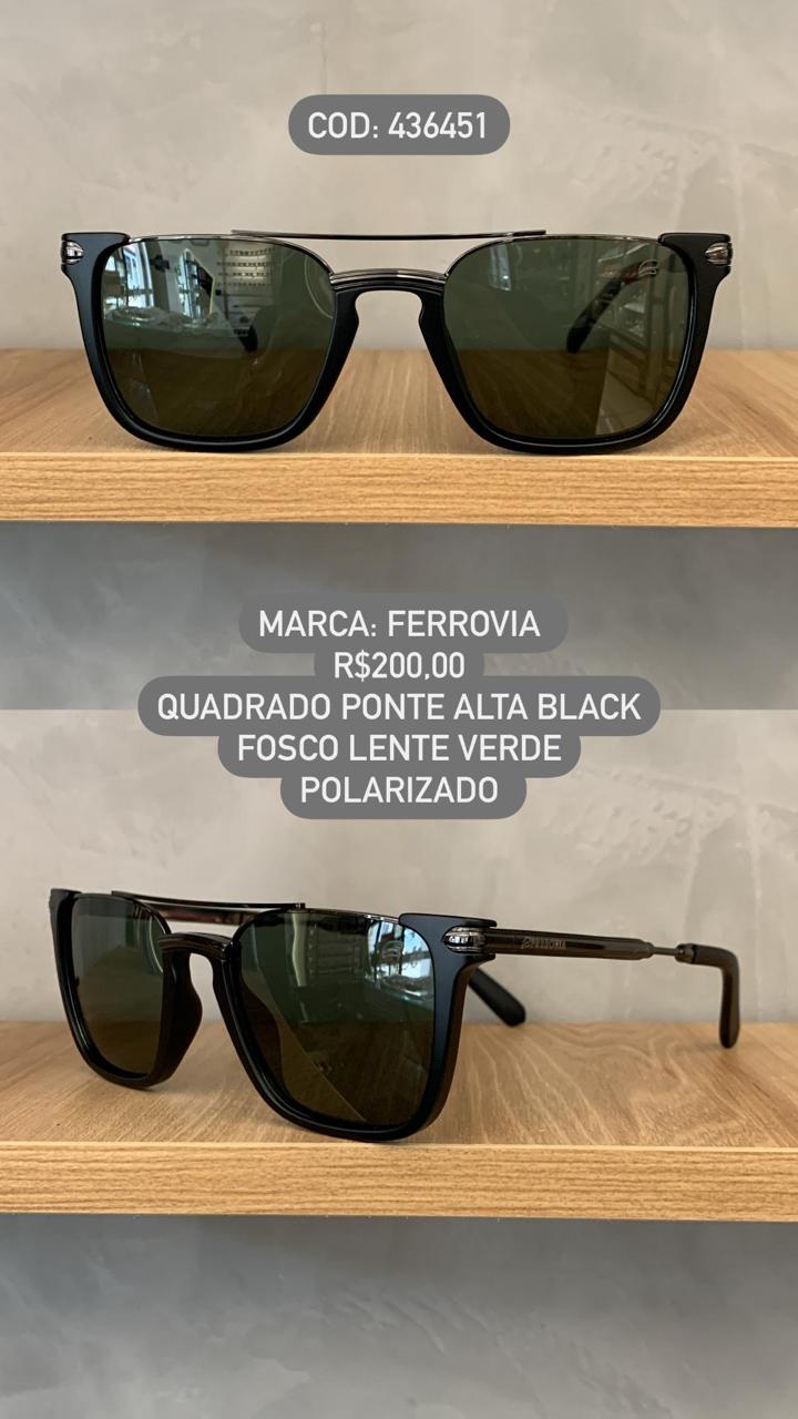 Óculos de Sol Ferrovia Masculino Preto Fosco com Lente Verde Polarizada Quadrado Ponte Alta em Metal 436451