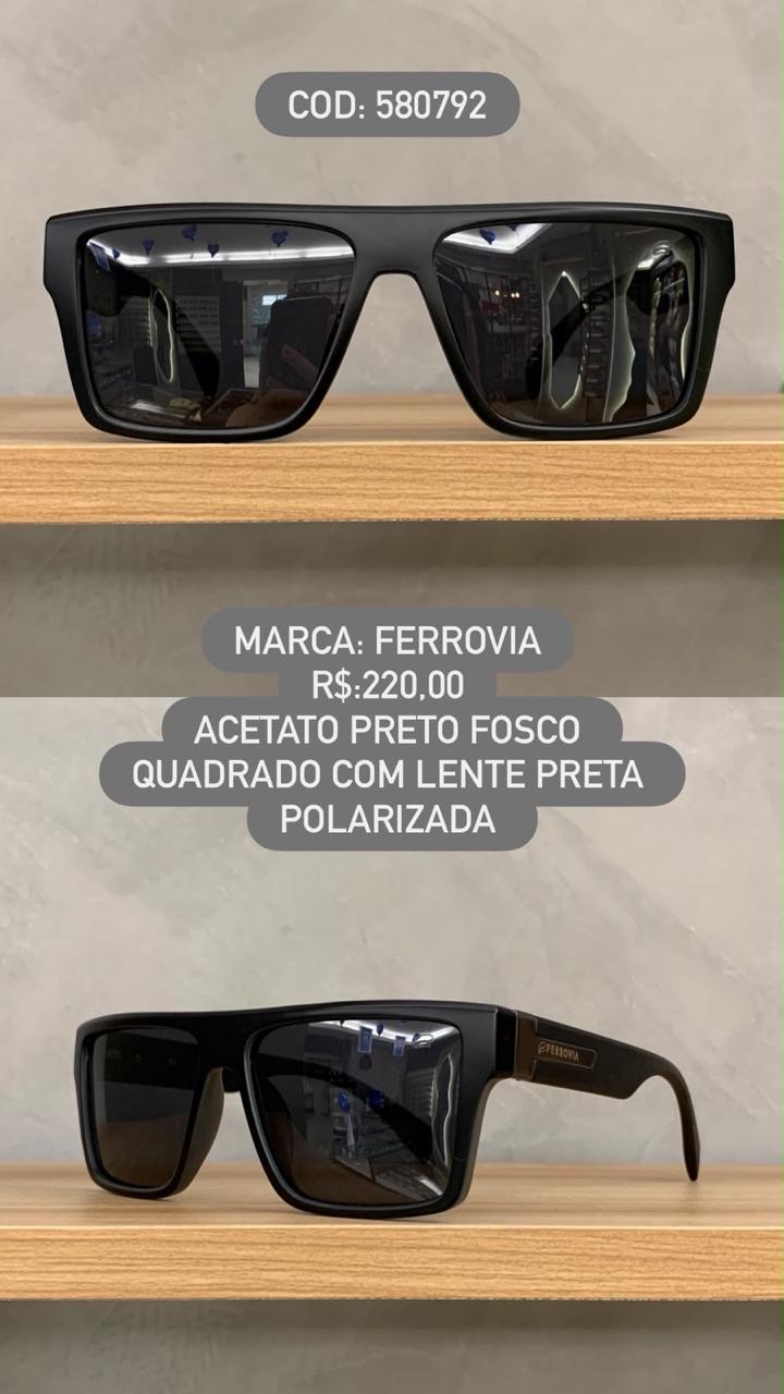Óculos de Sol Ferrovia Masculino Preto Fosco com Lentes Pretas Polarizadas em Acetato 580792