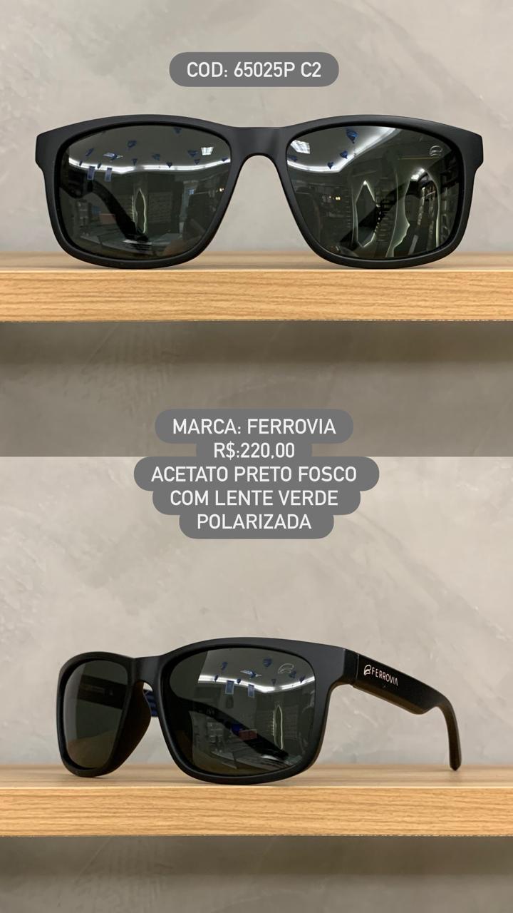Óculos de Sol Ferrovia Masculino Preto Fosco com Lentes Verdes Polarizadas em Acetato 65025P C2