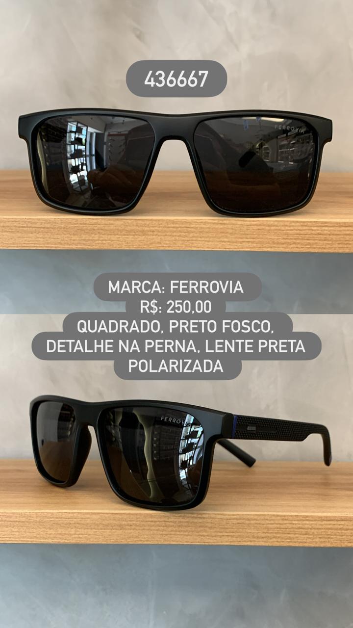 Óculos de Sol Ferrovia Masculino Preto Fosco Detalhe na Perna com Lentes Pretas Polarizadas em Acetato 436667