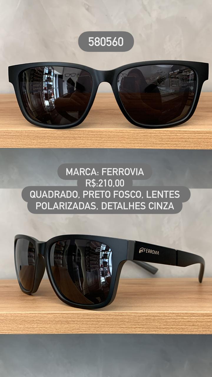 Óculos de Sol Ferrovia Masculino Preto Fosco Detalhes Cinza com Lentes Pretas Polarizadas em Acetato 580560