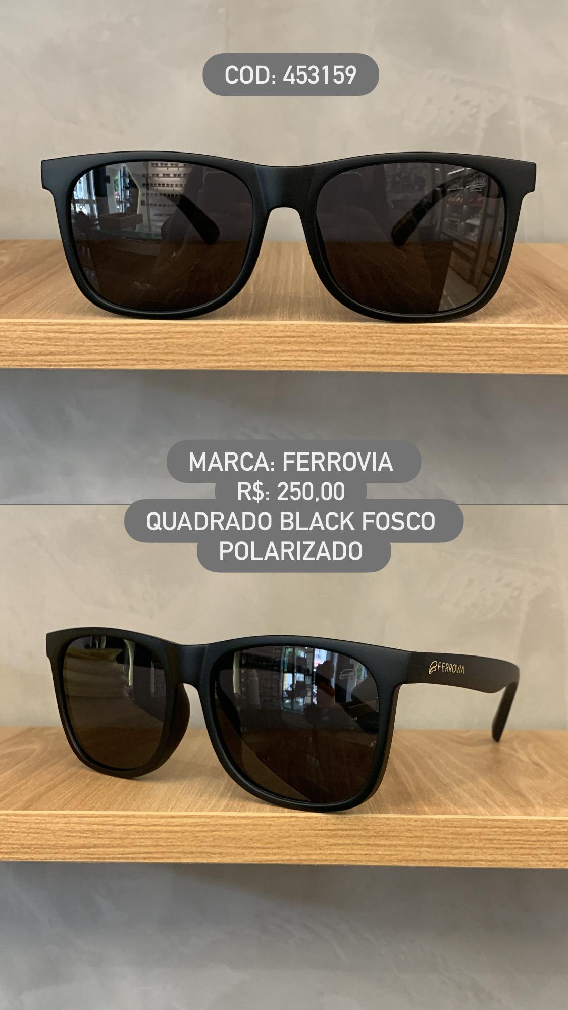 Óculos de Sol Ferrovia Masculino Preto Fosco Flexível Quadrado Lente Preta Polarizado em Acetato 453159