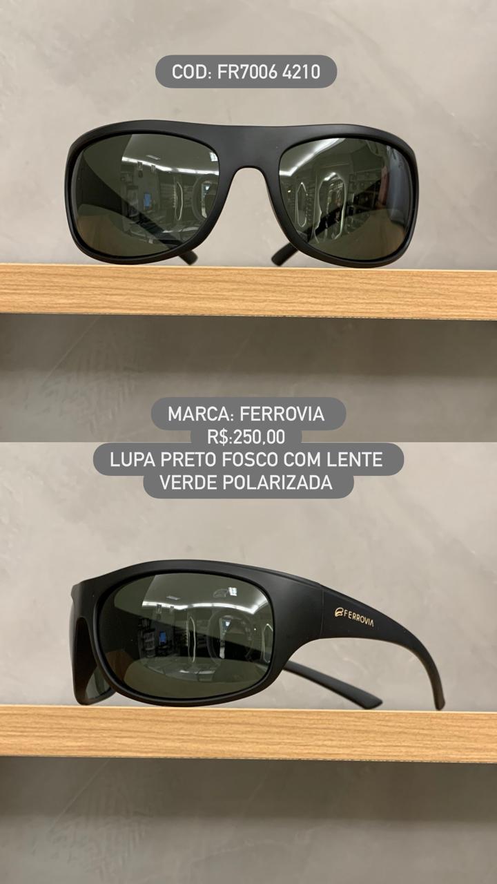 Óculos de Sol Ferrovia Masculino Preto Fosco Lupa Esportivo Flexível Lente Verde Polarizado em Acetato FR7006 4210